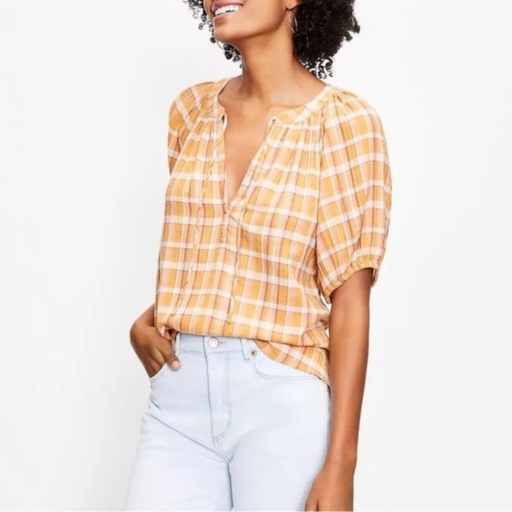 LOFT Plaid Tie Neck Puff Sleeve Blouse